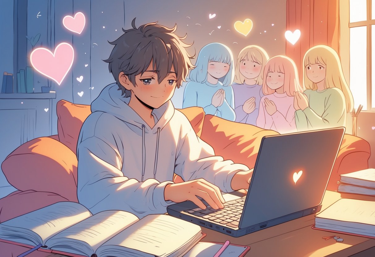 v2-12vwox-vb5oe - Preventive Medicine Daily A young person sitting in a cozy room, typing on a laptop with gentle light and supportive friends appearing around them.