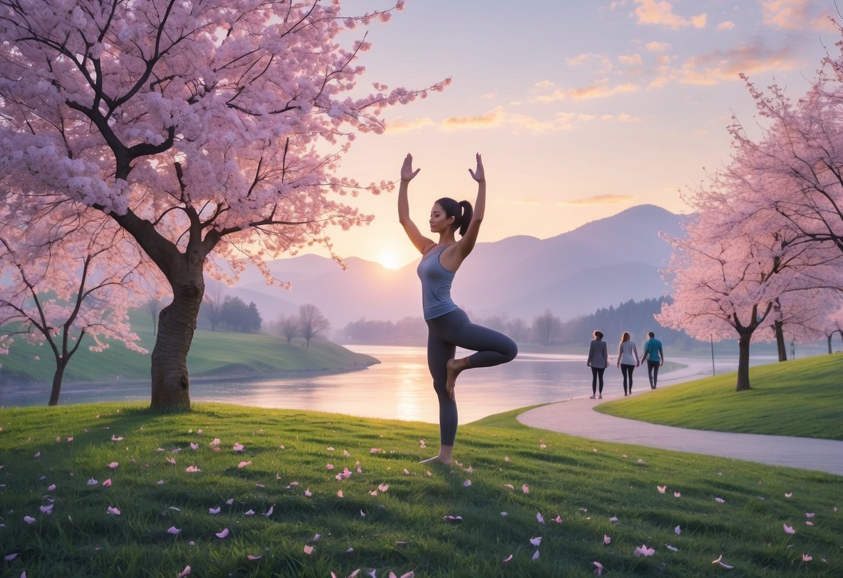 v2-12vwpg-hfcg6 - Preventive Medicine Daily A young woman doing yoga on a grassy hill surrounded by cherry blossom trees with a river and mountains in the background, and people walking on a nearby path.