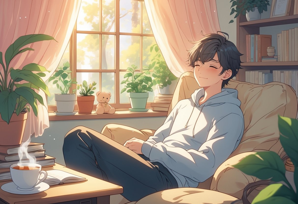 v2-12vwq0-1lld7 - Preventive Medicine Daily A young person sitting peacefully in a cozy room with plants and a cup of tea, looking calm and hopeful.