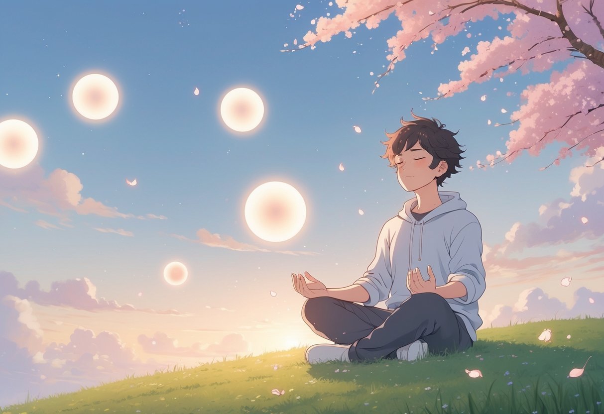v2-12vwr5-k734u - Preventive Medicine Daily A young person sitting peacefully on a grassy hill with closed eyes, surrounded by glowing orbs and cherry blossom petals under a clear sky at sunrise.