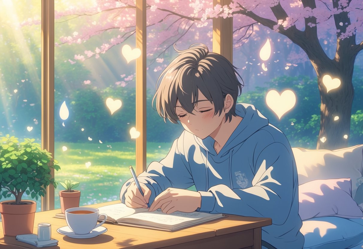 v2-12vwrq-rqumf - Preventive Medicine Daily A person writing in a journal at a desk near a window with sunlight, surrounded by symbols of emotions and a peaceful garden outside.