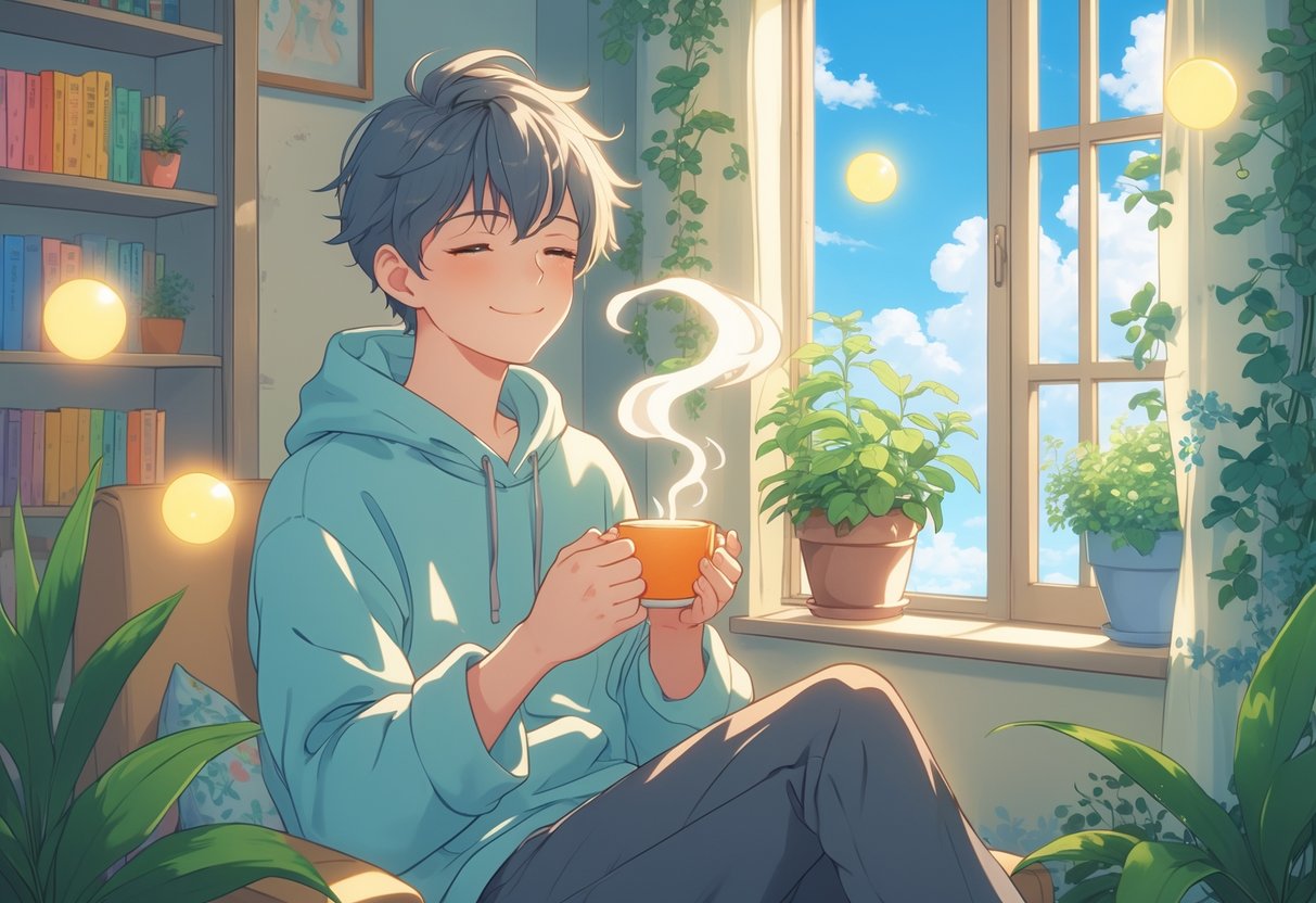 v2-12vws8-8v6hv - Preventive Medicine Daily A young person sitting peacefully in a sunlit room with plants, holding a cup of tea, surrounded by calming light and a window showing a clear sky.