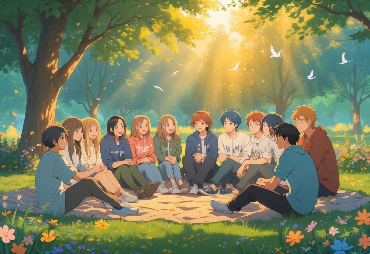 v2-12vwss-t4edn - Preventive Medicine Daily A group of people sitting together in a park, smiling and talking in a supportive and friendly atmosphere.