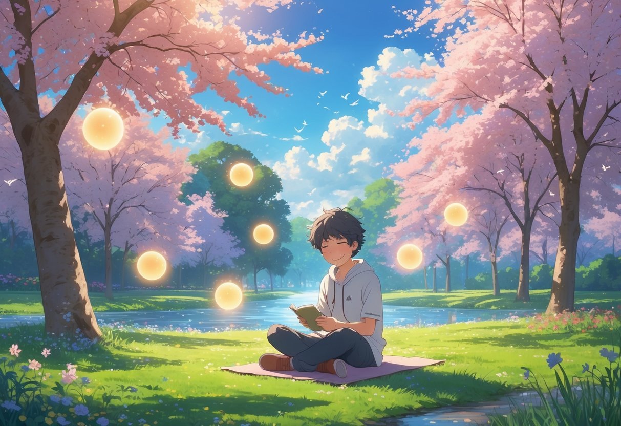 v2-12vwtc-ex1in - Preventive Medicine Daily A person sitting peacefully in a sunlit park surrounded by cherry blossom trees, meditating or journaling with glowing orbs around them symbolizing positive emotions.
