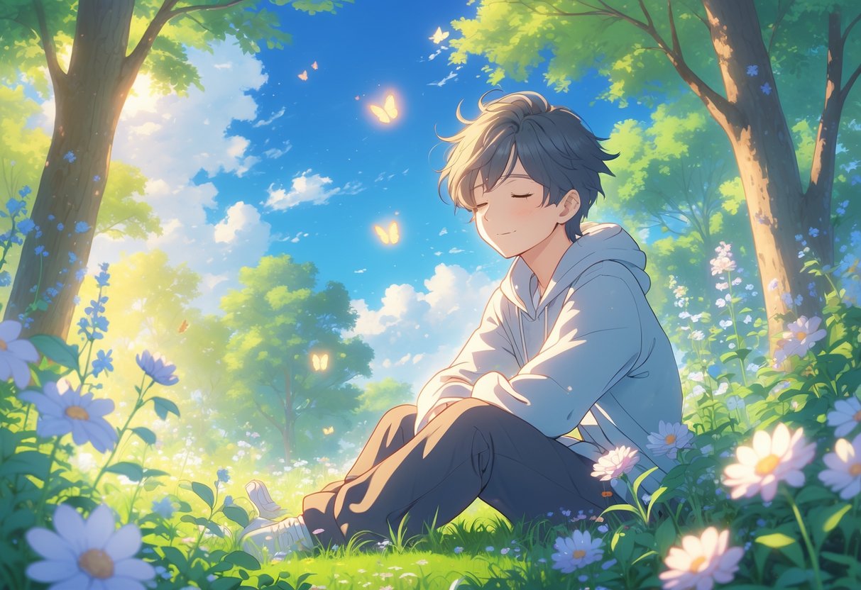 v2-12vwu0-p3luv - Preventive Medicine Daily A young person sitting peacefully in a sunlit garden surrounded by flowers and butterflies, looking calm and content.