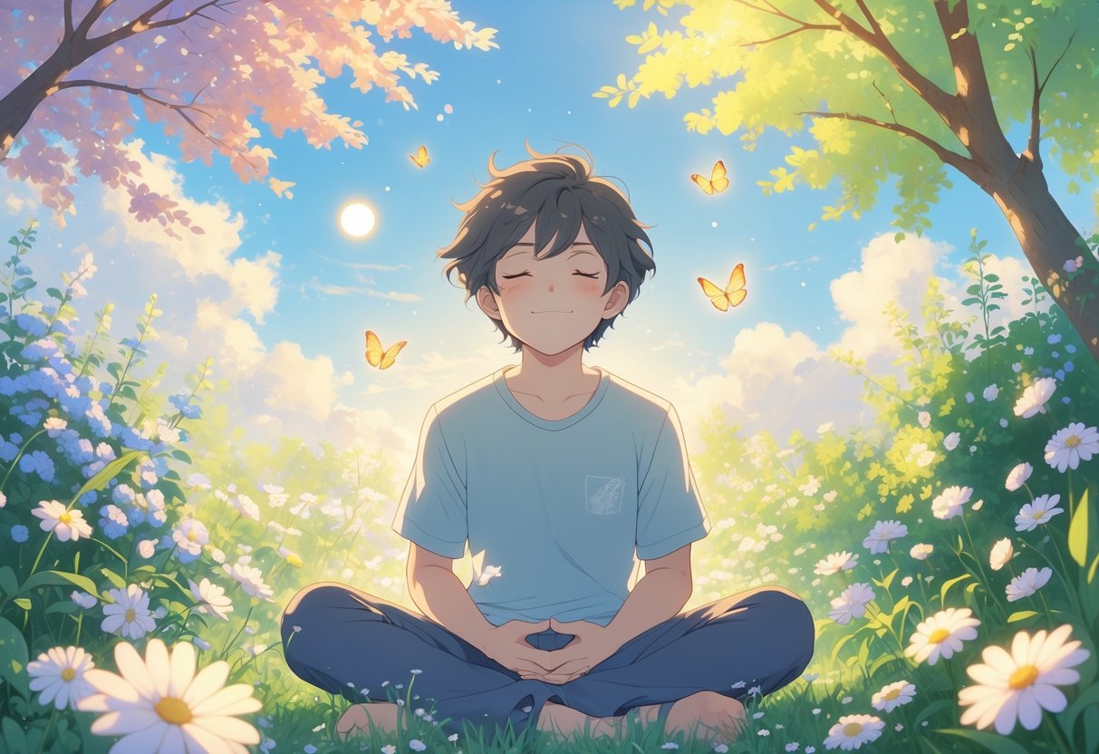 v2-12vwut-xvk1n - Preventive Medicine Daily A young person sitting peacefully in a sunny garden surrounded by flowers and butterflies, meditating with a calm expression.