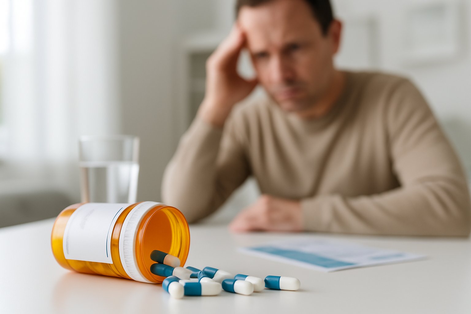 v2-12wqfl-jj1cv - Preventive Medicine Daily A close-up of a prescription pill bottle with capsules spilled on a table and a person sitting in the background looking thoughtful.