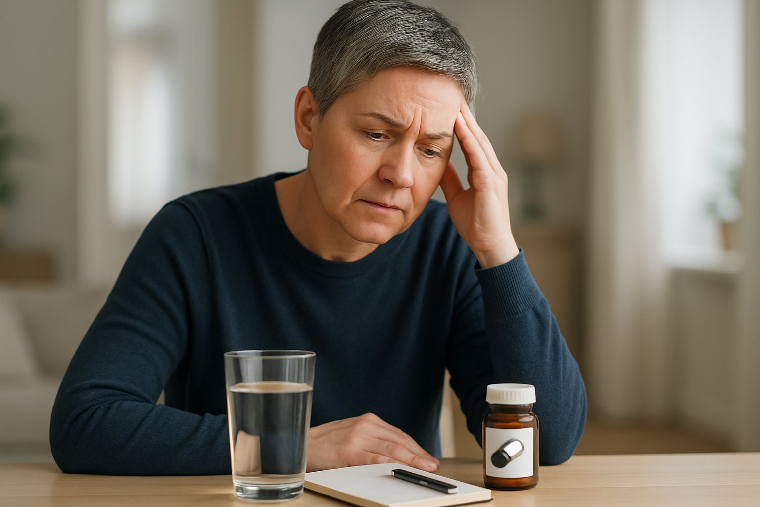 v2-12wqge-apdsr - Preventive Medicine Daily A middle-aged person sitting at a table with a glass of water and a pill bottle, holding their temple and looking thoughtful and concerned.