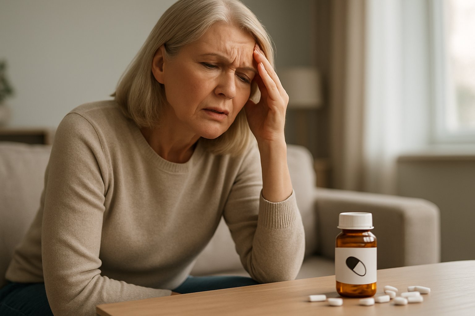 v2-12wqh7-wd1cr - Preventive Medicine Daily A middle-aged woman sitting on a couch, holding her head with a worried expression, with a pill bottle and scattered pills on a table nearby.