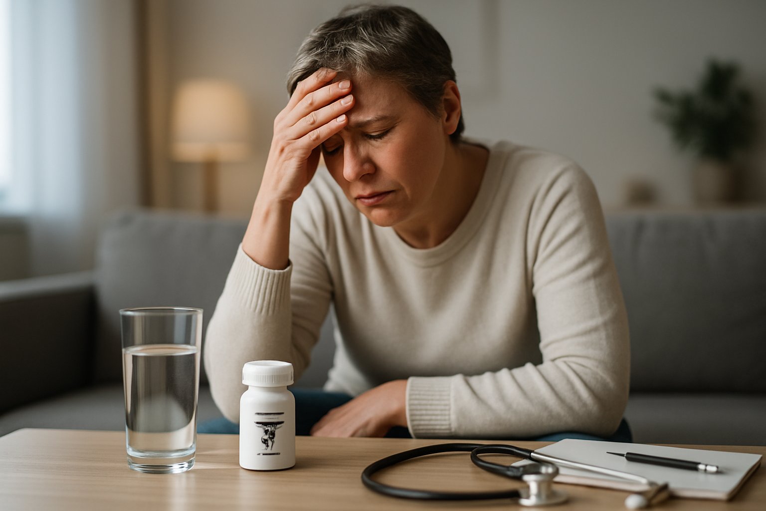 v2-12wqi2-5kbt7 - Preventive Medicine Daily A middle-aged person sitting on a couch looking distressed and tired, with a glass of water and a pill bottle on a nearby table.