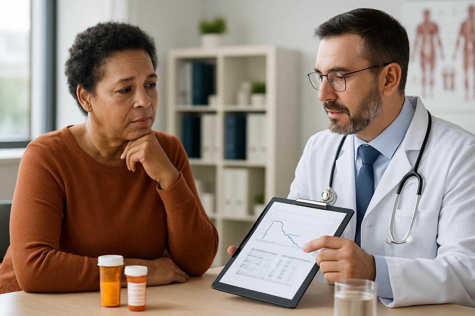 v2-12wqjw-7wdc9 - Preventive Medicine Daily A healthcare professional calmly discussing medication tapering with a patient in a bright medical office.