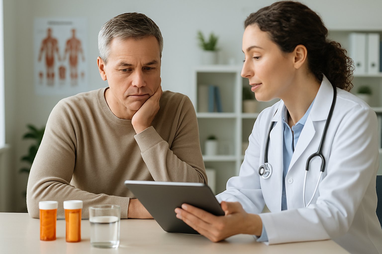 v2-12wqko-5avjs - Preventive Medicine Daily A person sitting at a table in a medical office talking with a healthcare professional, with prescription bottles and a glass of water on the table.