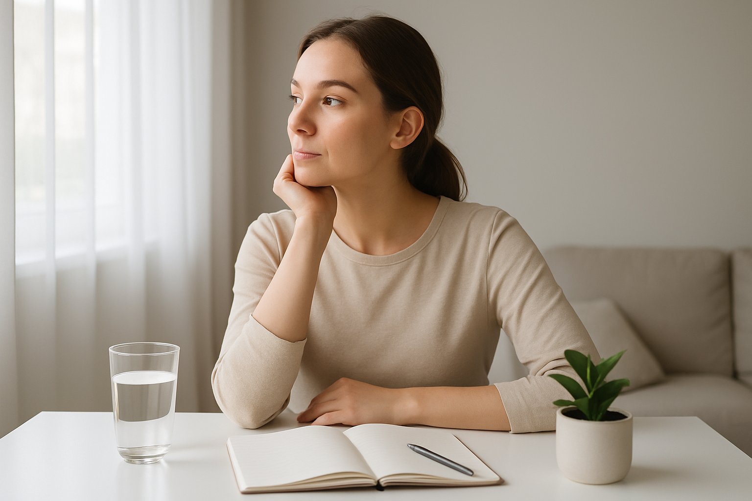 v2-12wrq0-tf1g3 - Preventive Medicine Daily A young woman sitting at a desk looking thoughtfully out of a window in a bright room with natural light.