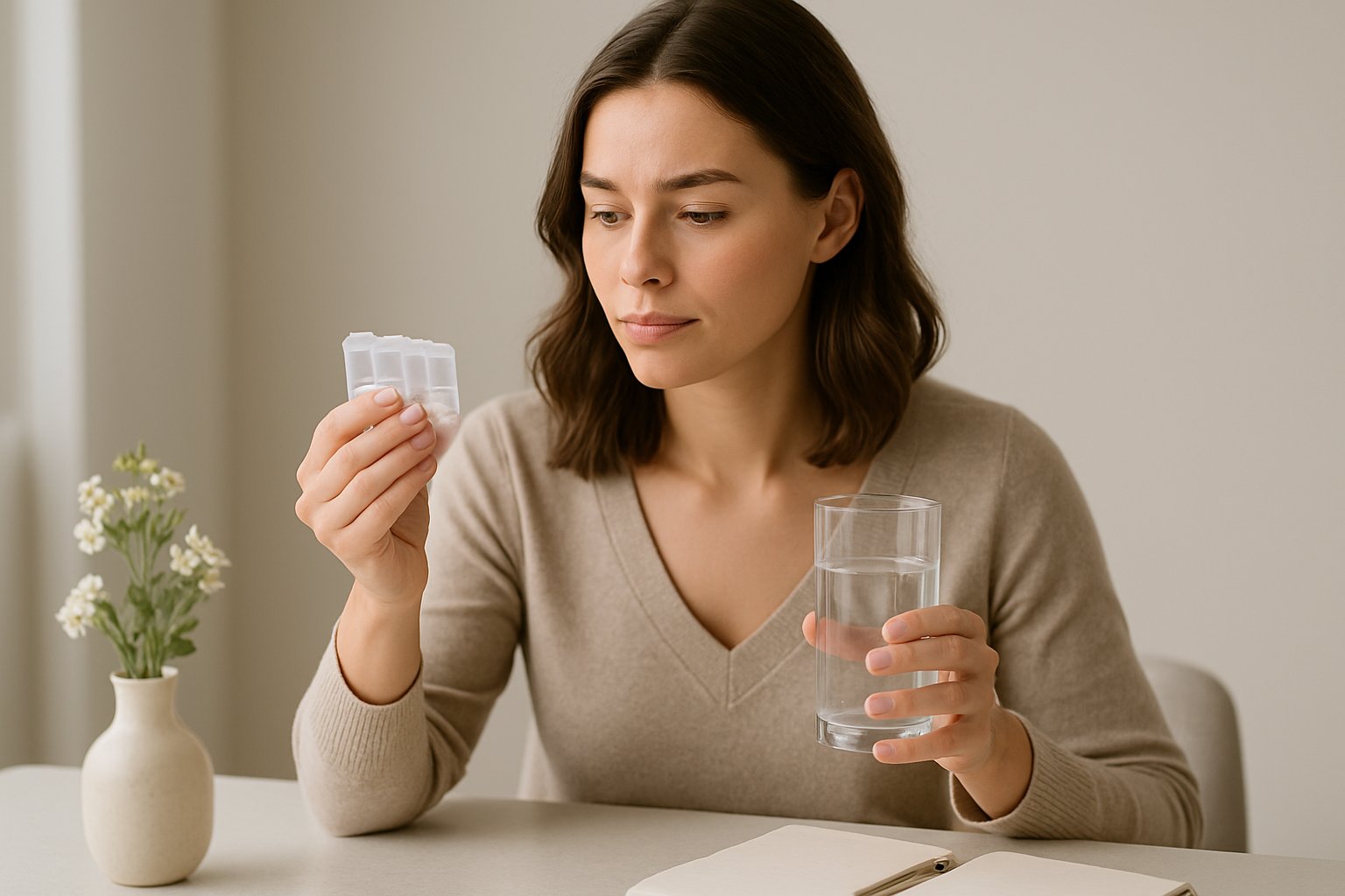 stop birth control - Preventive Medicine Daily A young woman sitting at a table holding a pill organizer and a glass of water, looking thoughtful in a calm, bright room.
