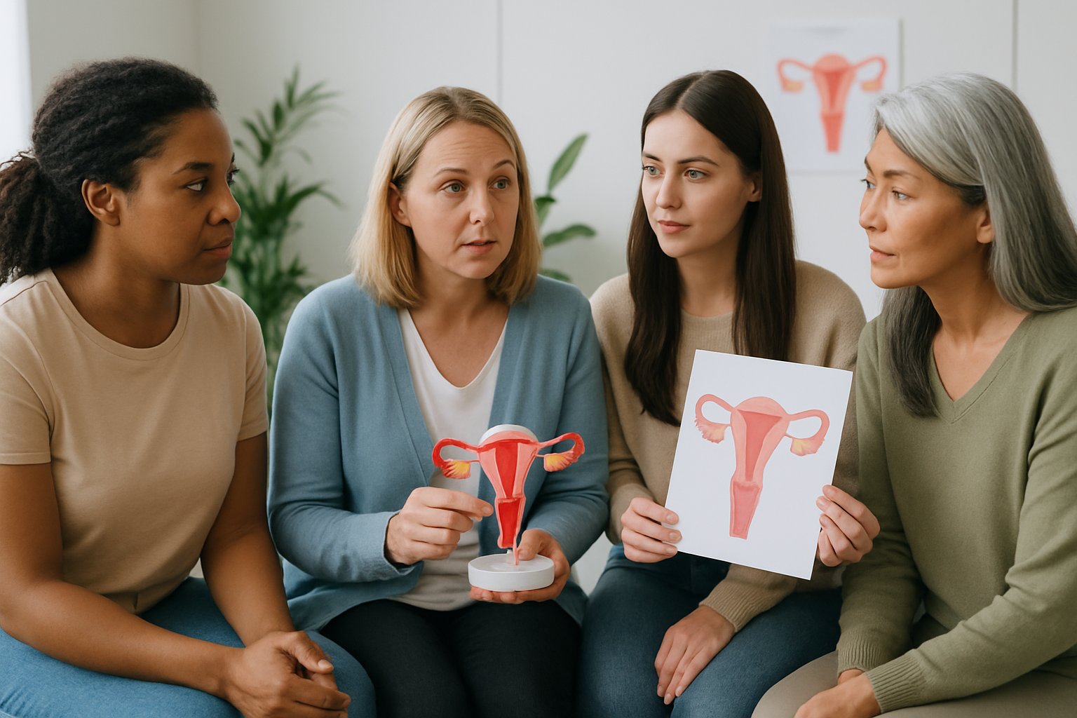 v2-12wrrl-rfvmd - Preventive Medicine Daily A diverse group of women in a bright room engaged in a supportive discussion about menstrual and ovulation health.