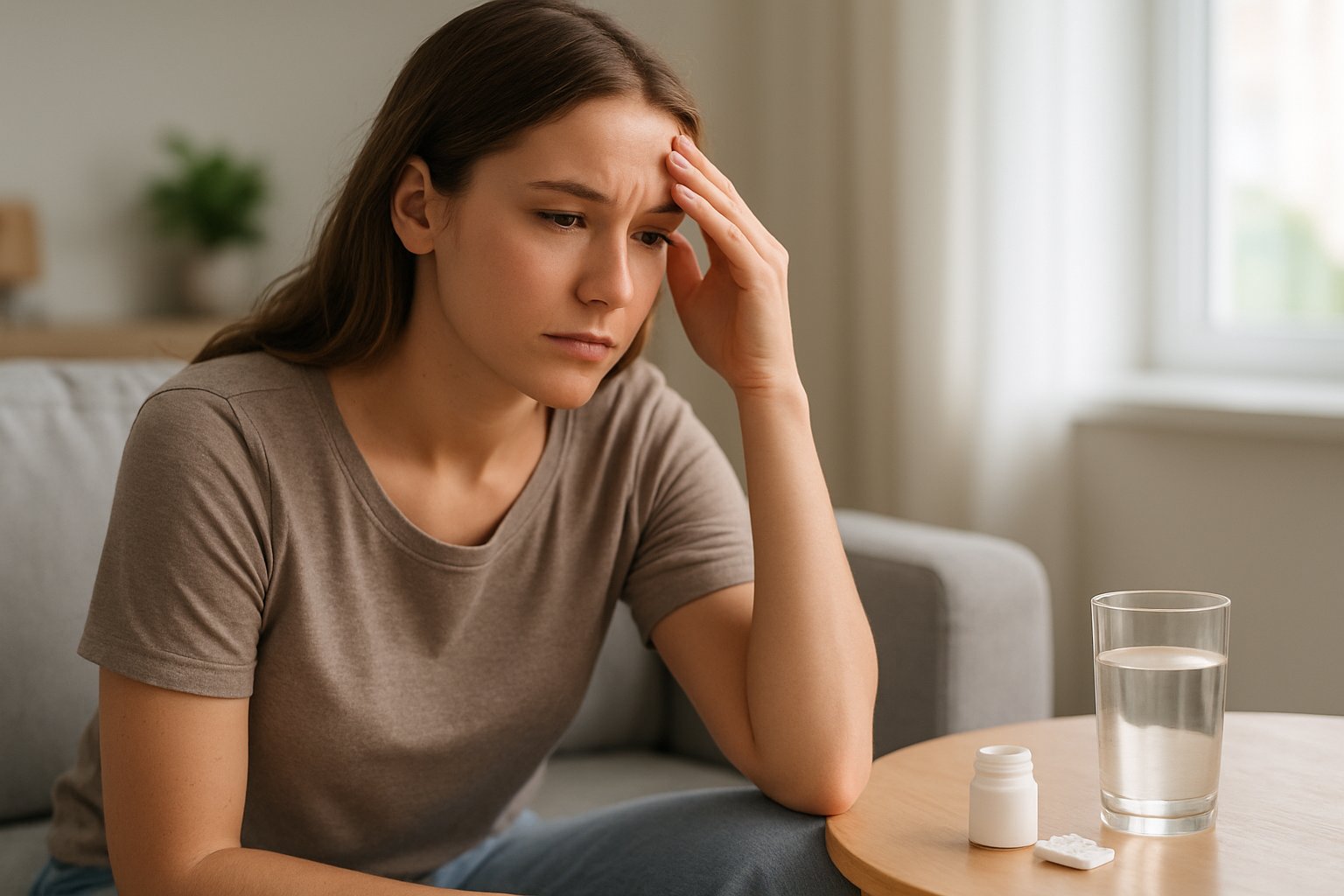 v2-12wrsn-vtgqo - Preventive Medicine Daily A young woman sitting indoors, touching her forehead with a concerned expression, next to a table with a glass of water and an open pill container.