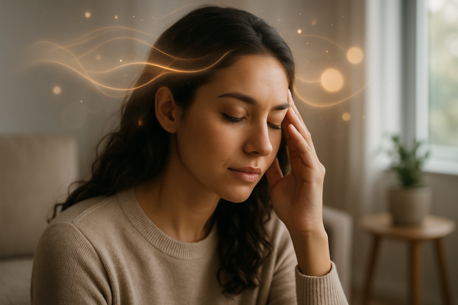v2-12wrtr-c8aek - Preventive Medicine Daily A young woman sitting indoors with eyes closed, gently touching her temple, appearing thoughtful and reflective.