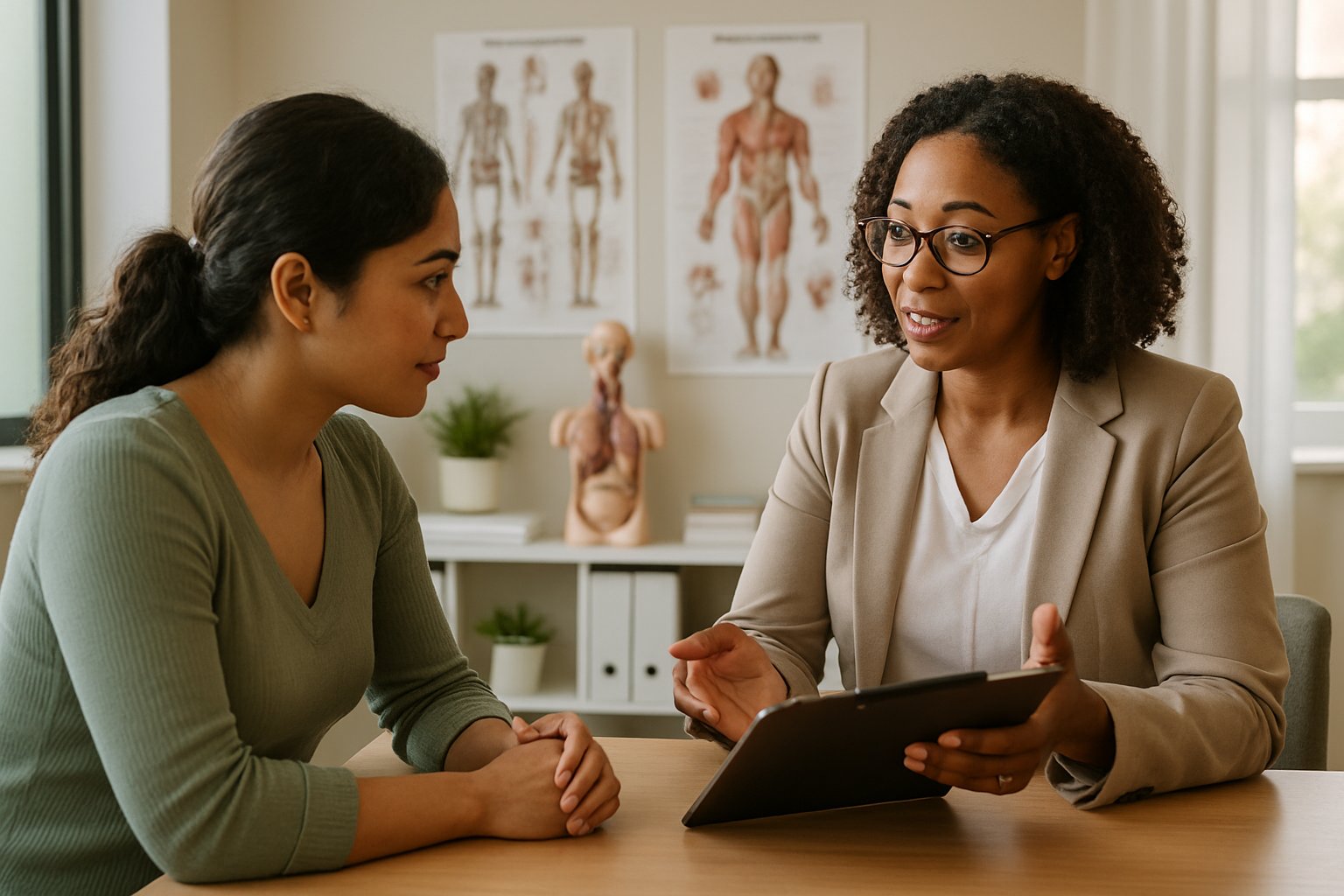 v2-12wrvb-u9d1f - Preventive Medicine Daily A healthcare professional consulting with a female patient in a bright medical office.