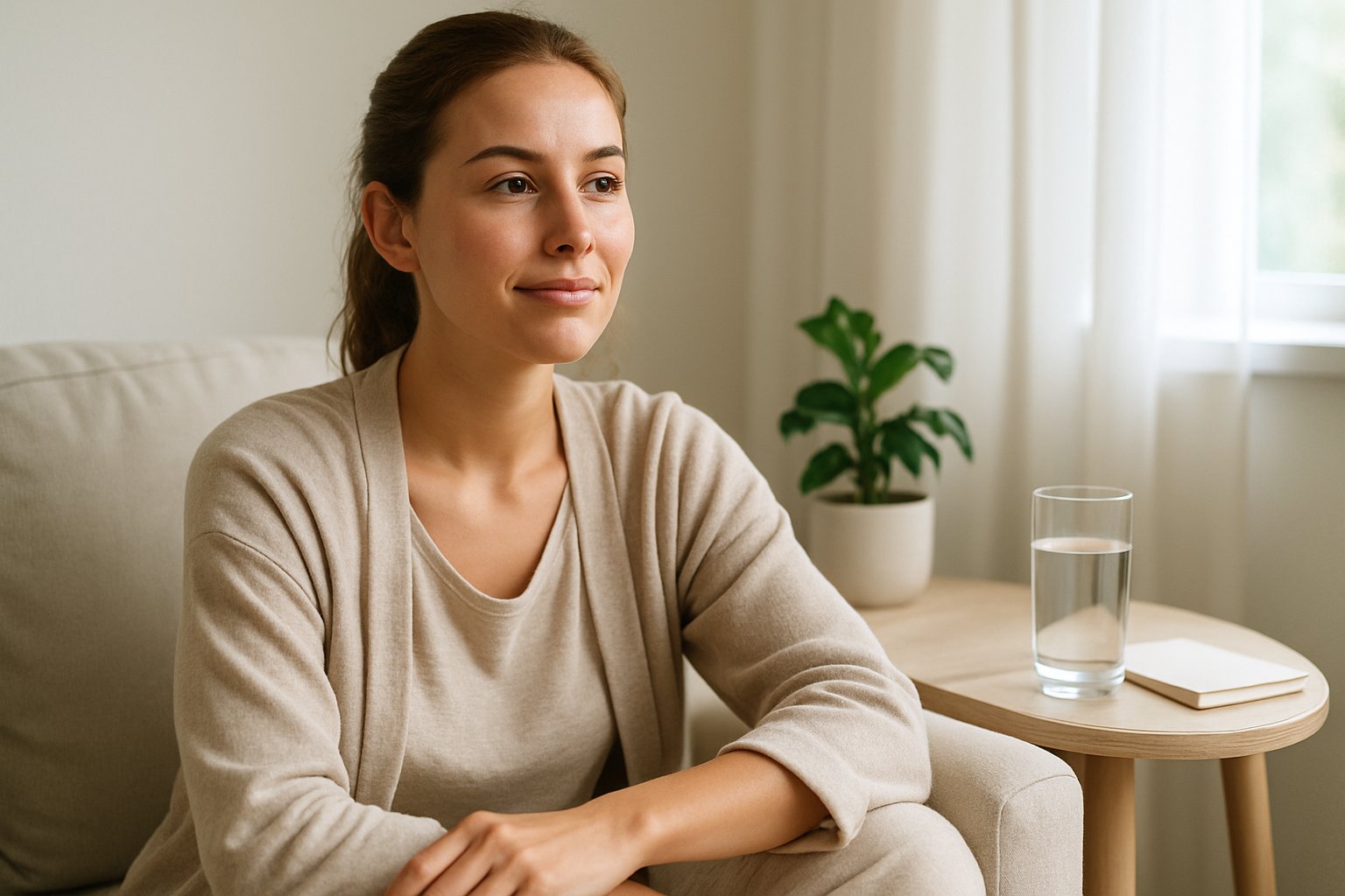 v2-12wrw4-r5w2f - Preventive Medicine Daily A young woman sitting calmly in a bright living room, looking thoughtful and relaxed.