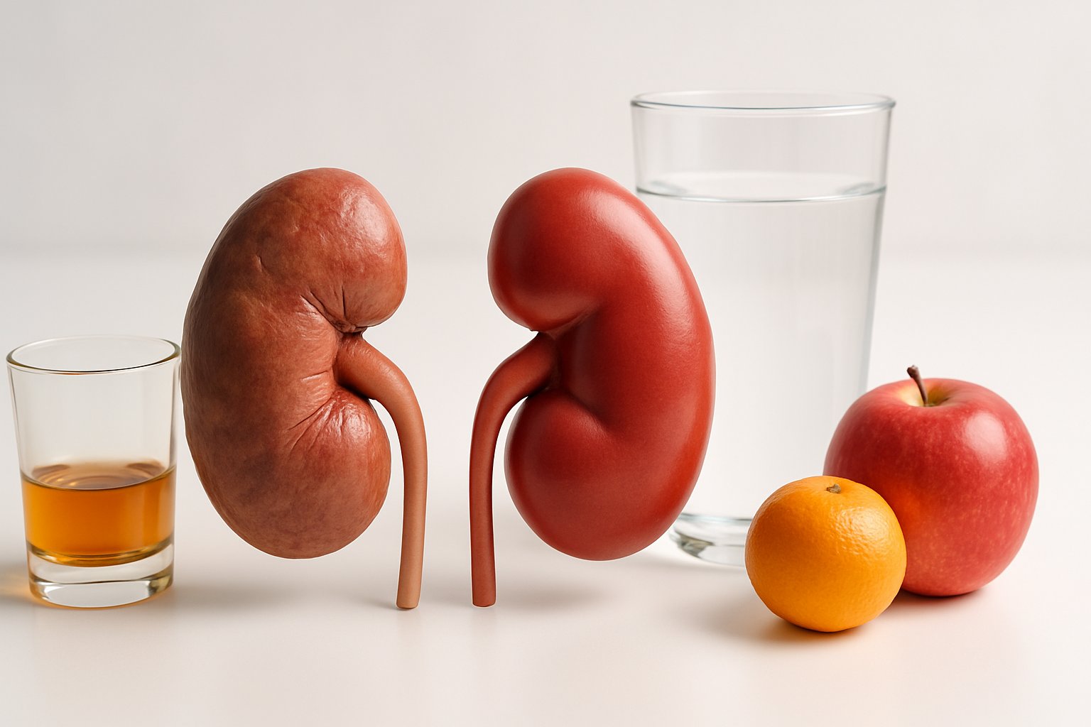 kidneys and alcohol - Preventive Medicine Daily A pair of human kidneys, one appearing damaged next to a glass of alcohol, the other healthy beside a glass of water, symbolizing kidney health and recovery after quitting drinking.