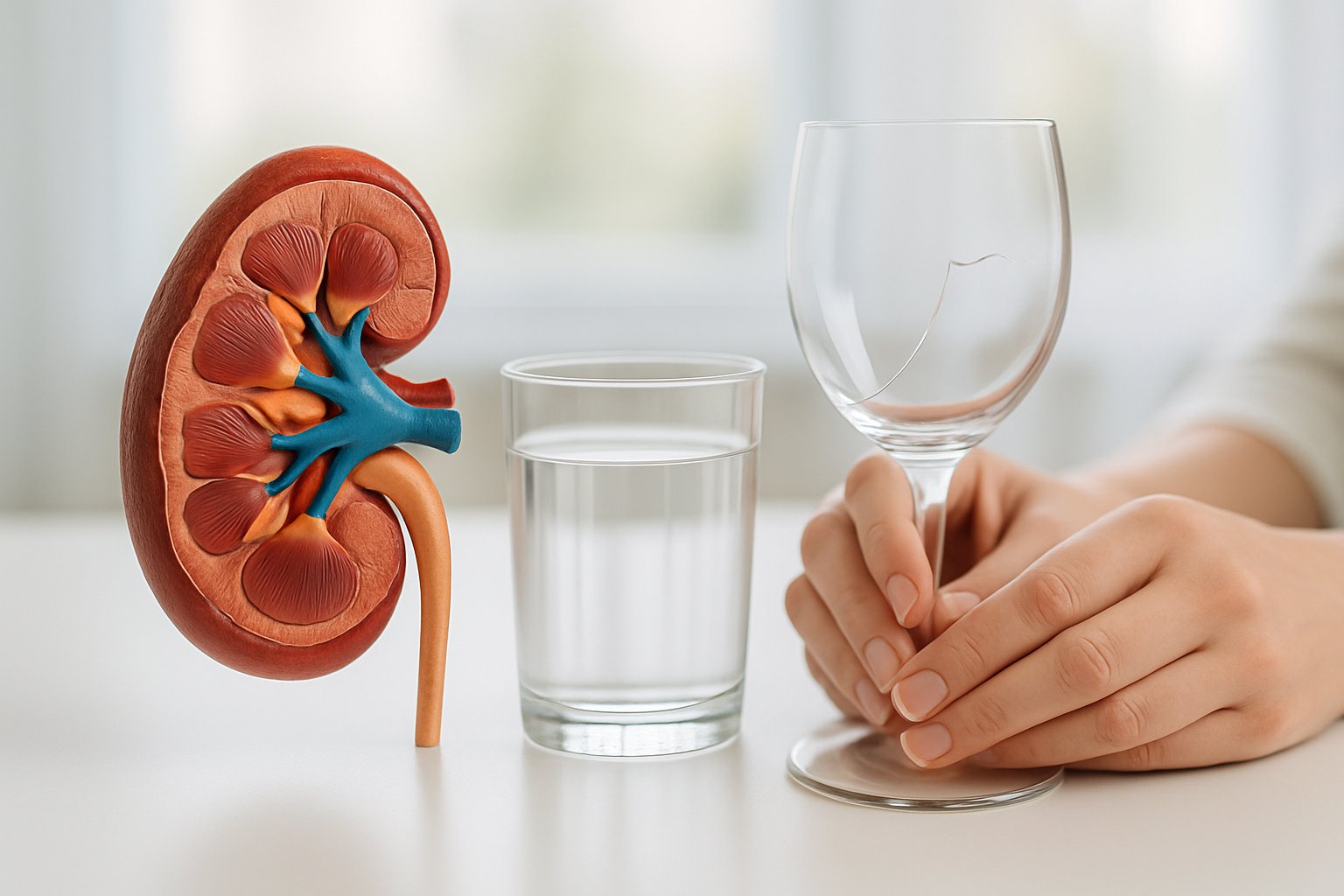 v2-12wxcg-ilysh - Preventive Medicine Daily Close-up of a healthy kidney model on a white surface next to a glass of water and hands holding a broken wine glass.