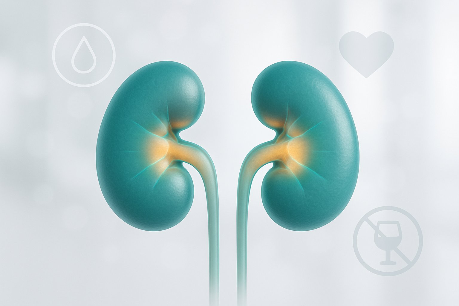 v2-12wxdj-x35zb - Preventive Medicine Daily A glowing pair of healthy kidneys surrounded by medical symbols representing healing and recovery.