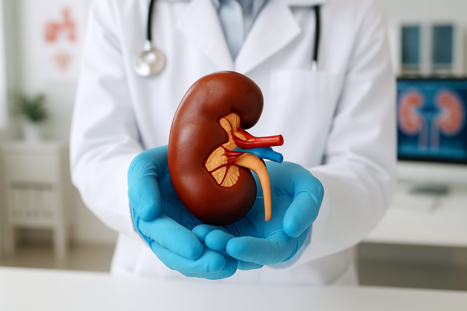 v2-12wxeg-w5xgr - Preventive Medicine Daily Hands of a medical professional holding a detailed human kidney model in a medical office.