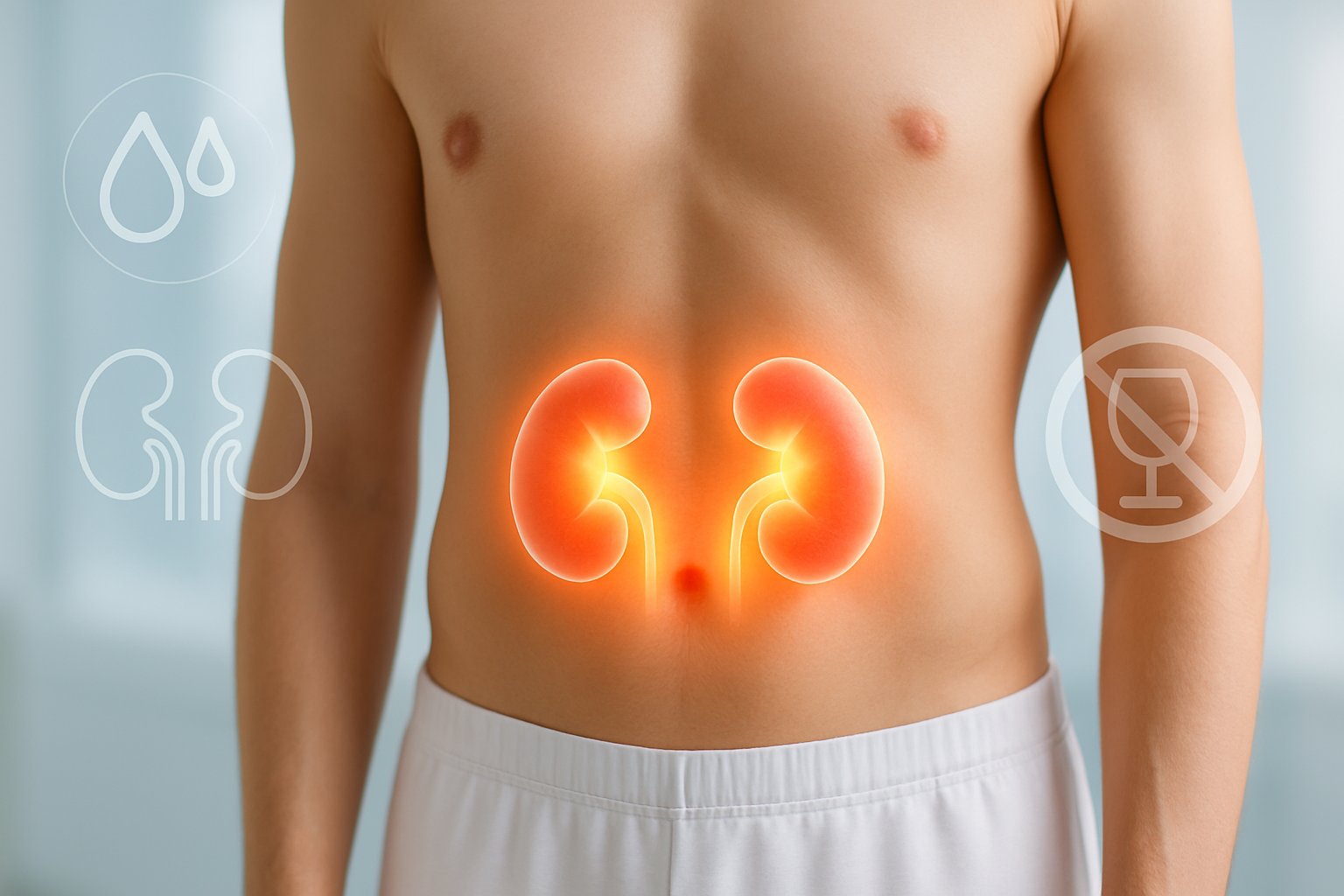 v2-12wxfd-h4x5p - Preventive Medicine Daily Close-up of a human torso highlighting the kidney area with glowing effects symbolizing kidney healing and recovery.