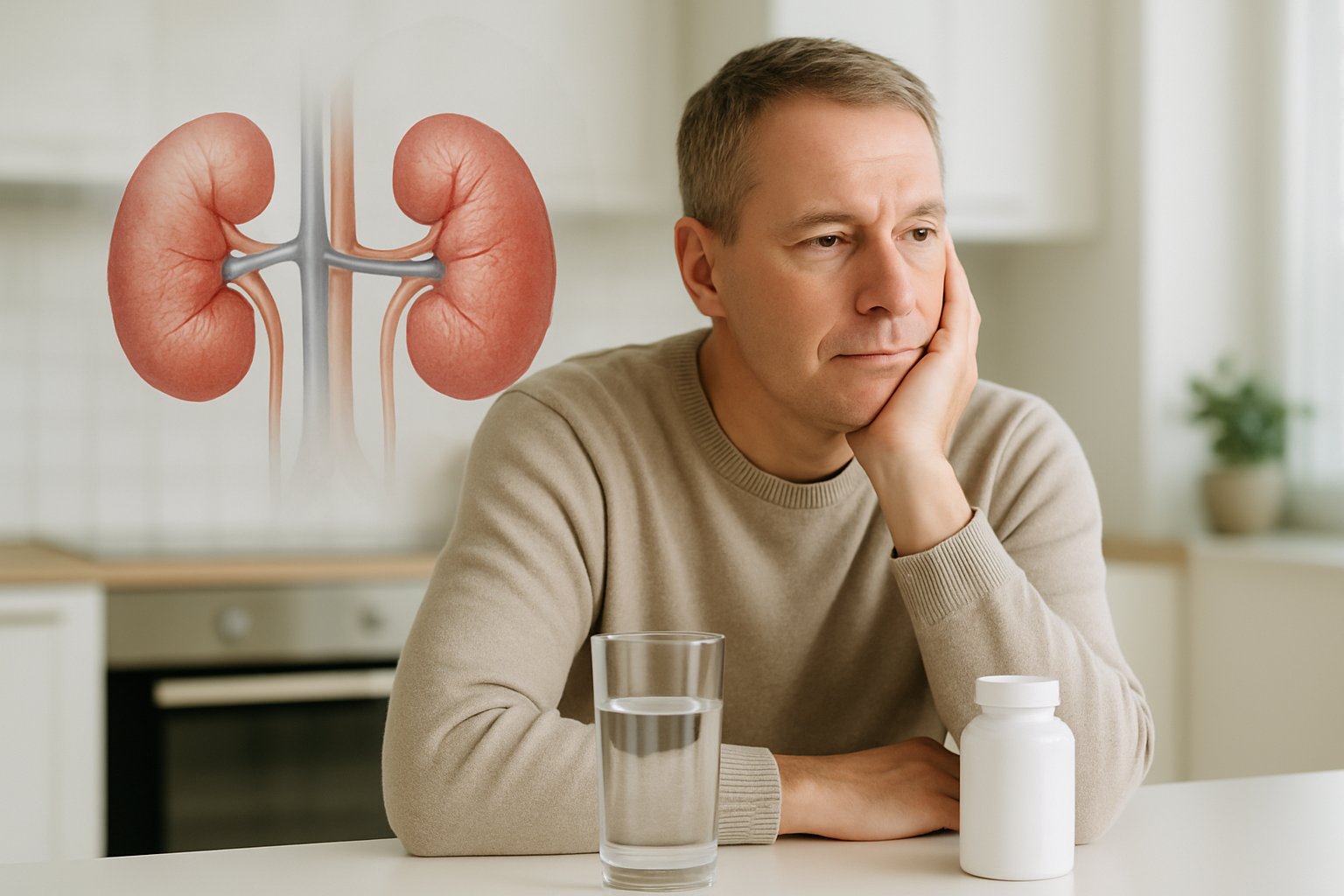 v2-12wxgf-ww9tm - Preventive Medicine Daily A person sitting at a kitchen table with a glass of water and vitamins, with a faint illustration of kidneys in the background.
