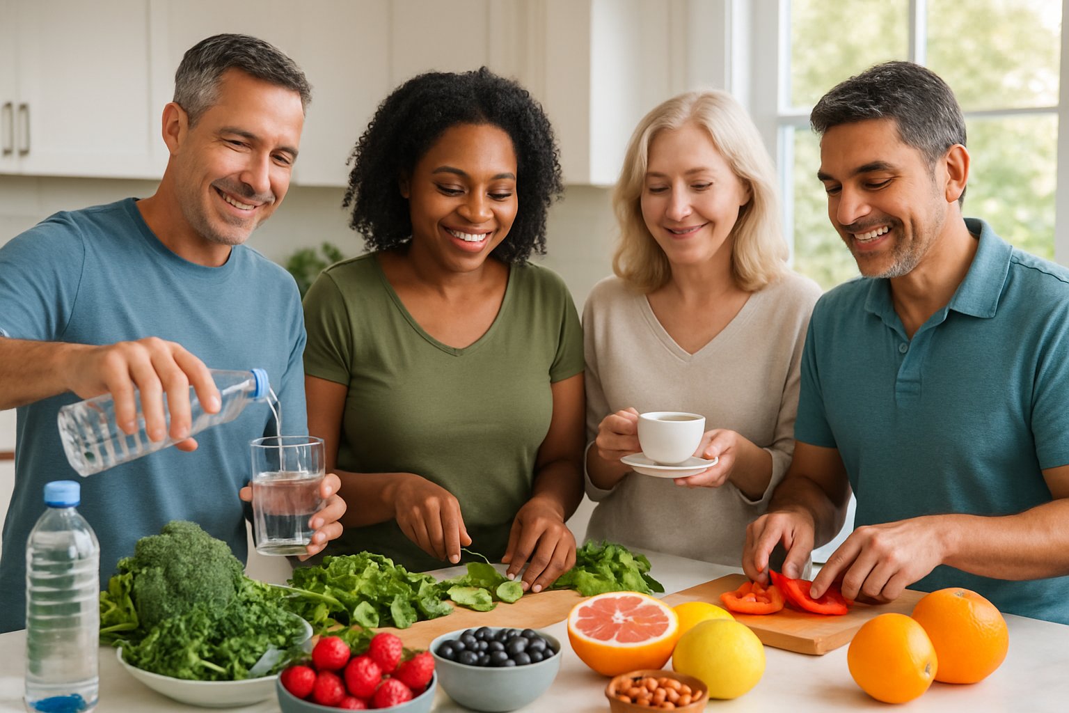 v2-12wxhd-d7qg9 - Preventive Medicine Daily Adults preparing fresh fruits and vegetables in a bright kitchen, promoting healthy lifestyle and kidney recovery.