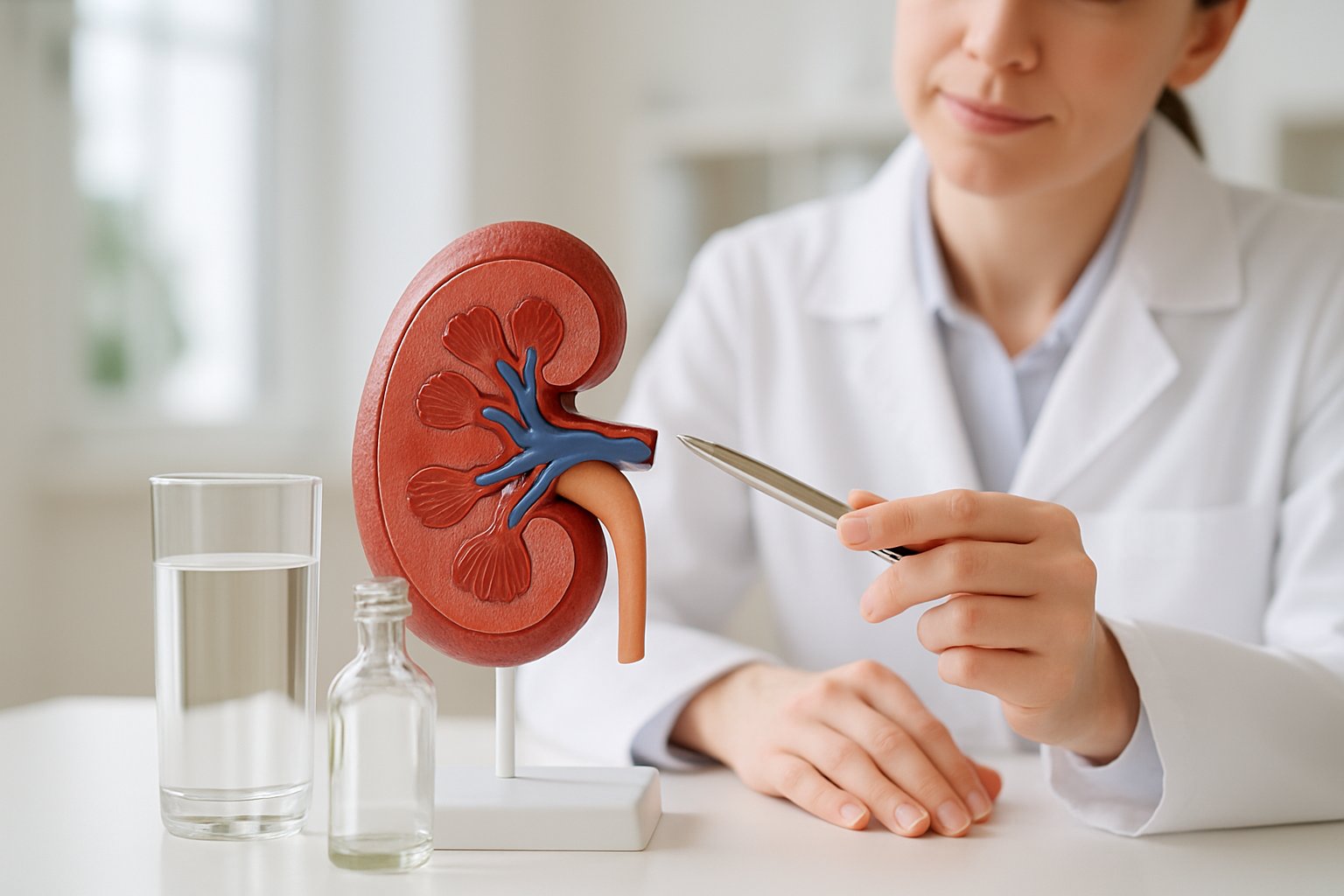 v2-12wxi8-5a9sg - Preventive Medicine Daily A healthcare professional points to a kidney model on a desk with a glass of water and an empty alcohol bottle nearby in a clinical setting.