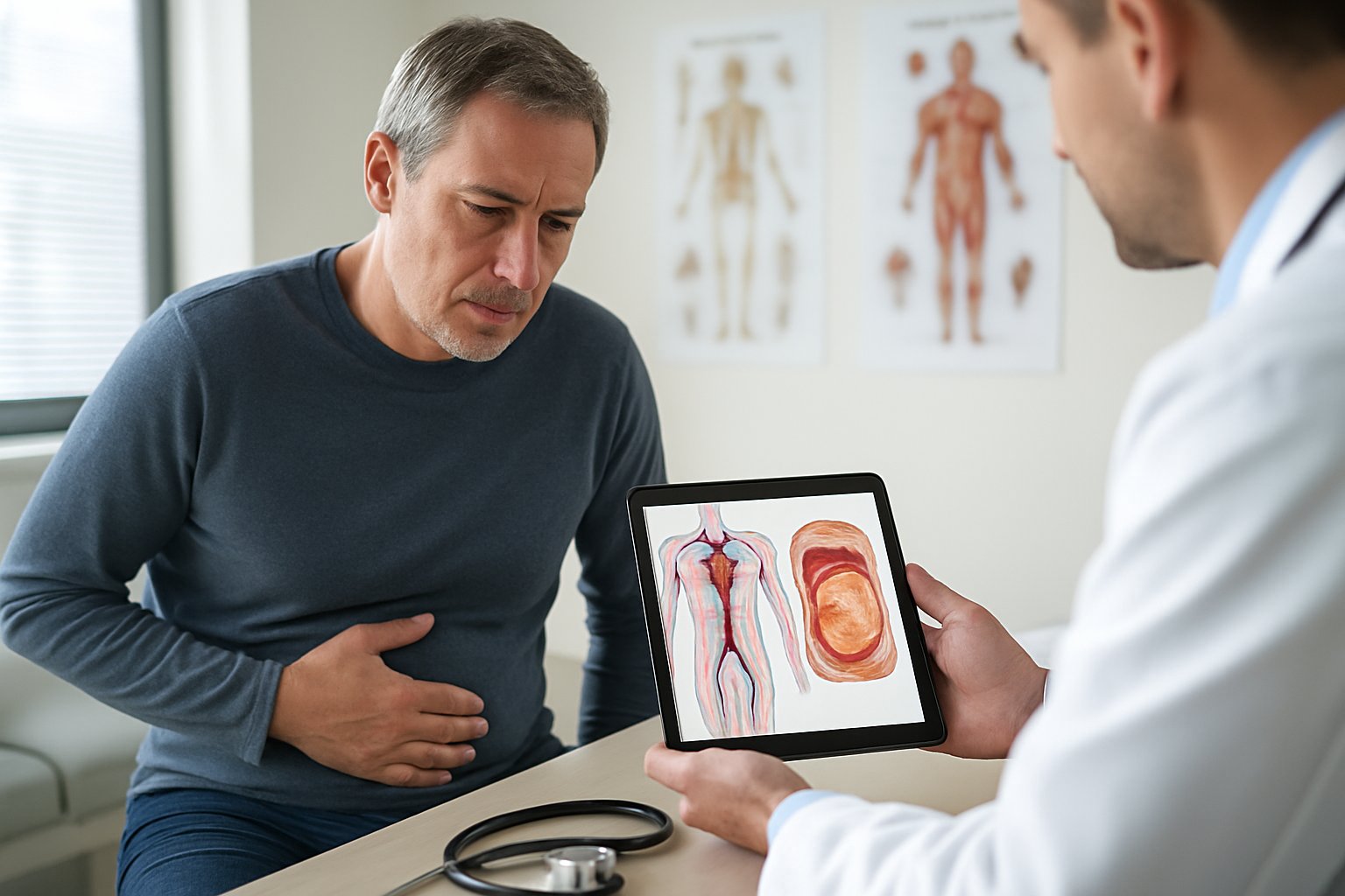 v2-12wysx-t6kov - Preventive Medicine Daily A middle-aged person in a medical office talks with a doctor who shows them a digital tablet displaying anatomical images of the heart and abdominal fat.