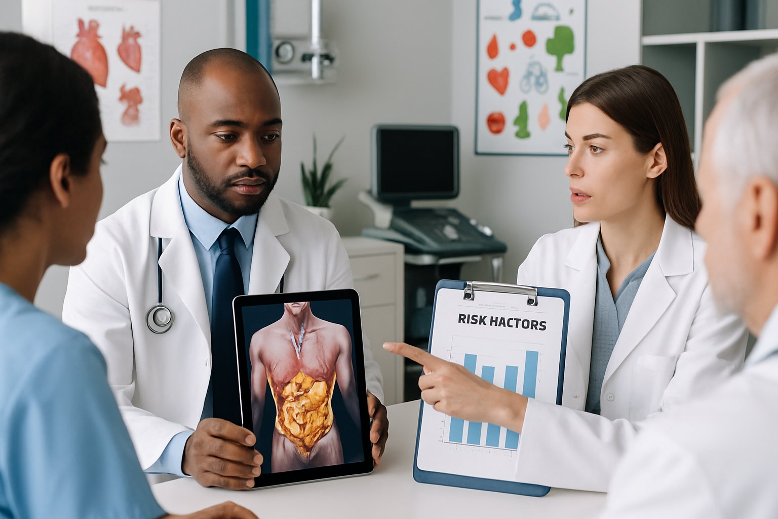 belly fat and cardiovascular risk - Preventive Medicine Daily Medical professionals discussing cardiovascular health with a 3D anatomical model of visceral fat in a clinical setting.