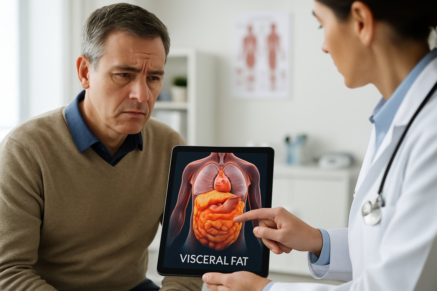 v2-12wyum-437an - Preventive Medicine Daily A man in a medical office looking at a digital tablet showing internal visceral fat while a doctor explains health risks.