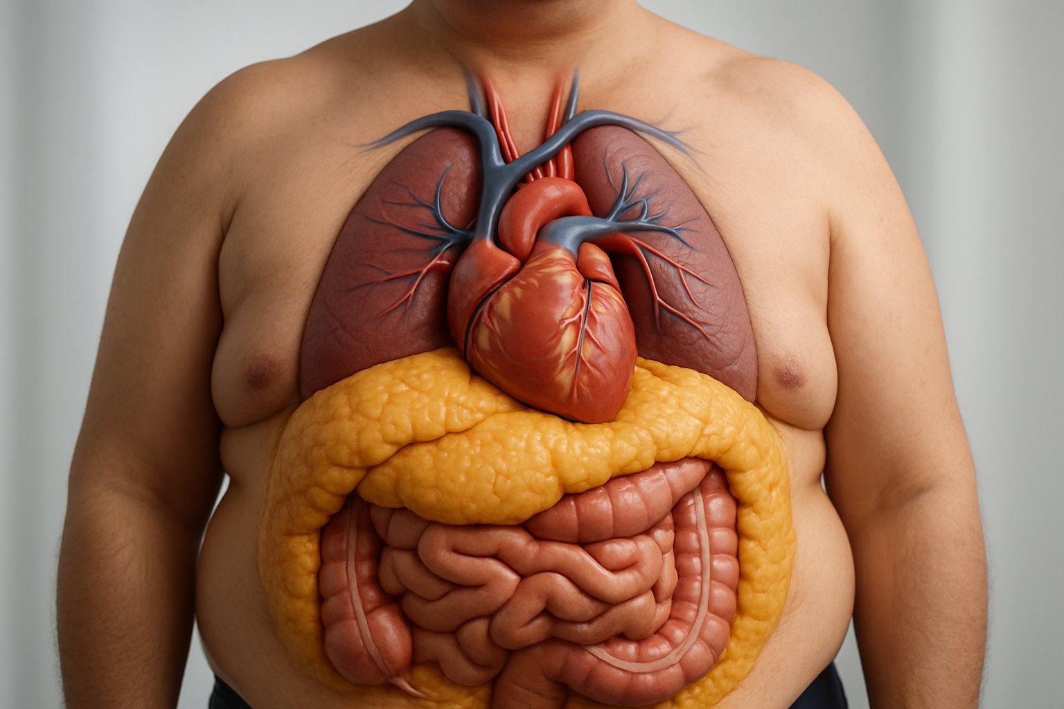 v2-12wyvf-pcr3g - Preventive Medicine Daily A detailed 3D visualization of a human torso showing visceral fat around internal organs and the heart with arteries and veins.