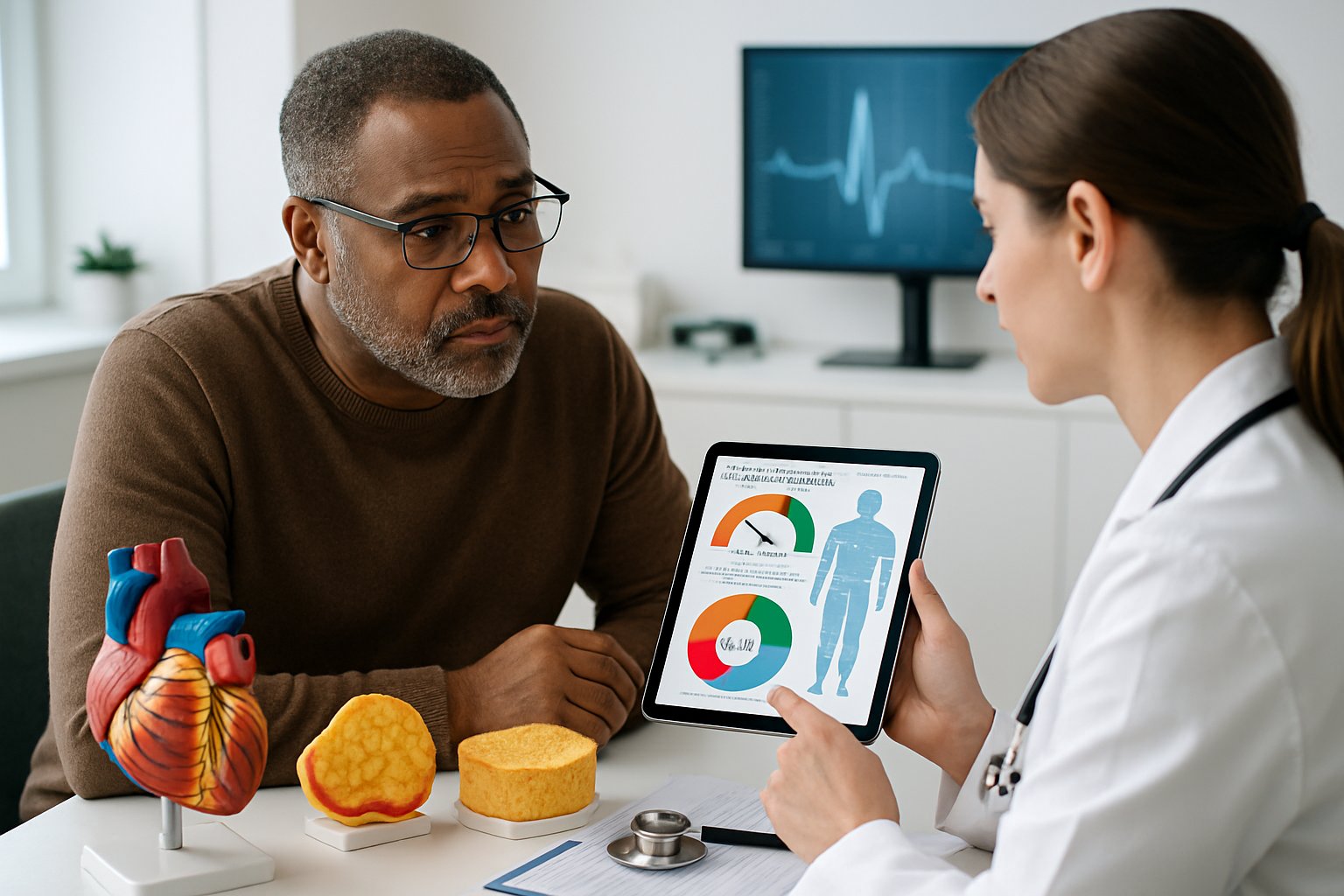 v2-12wywf-cmwqm - Preventive Medicine Daily A doctor shows a middle-aged man charts and body measurements related to cardiovascular health and visceral fat risk during a medical consultation.