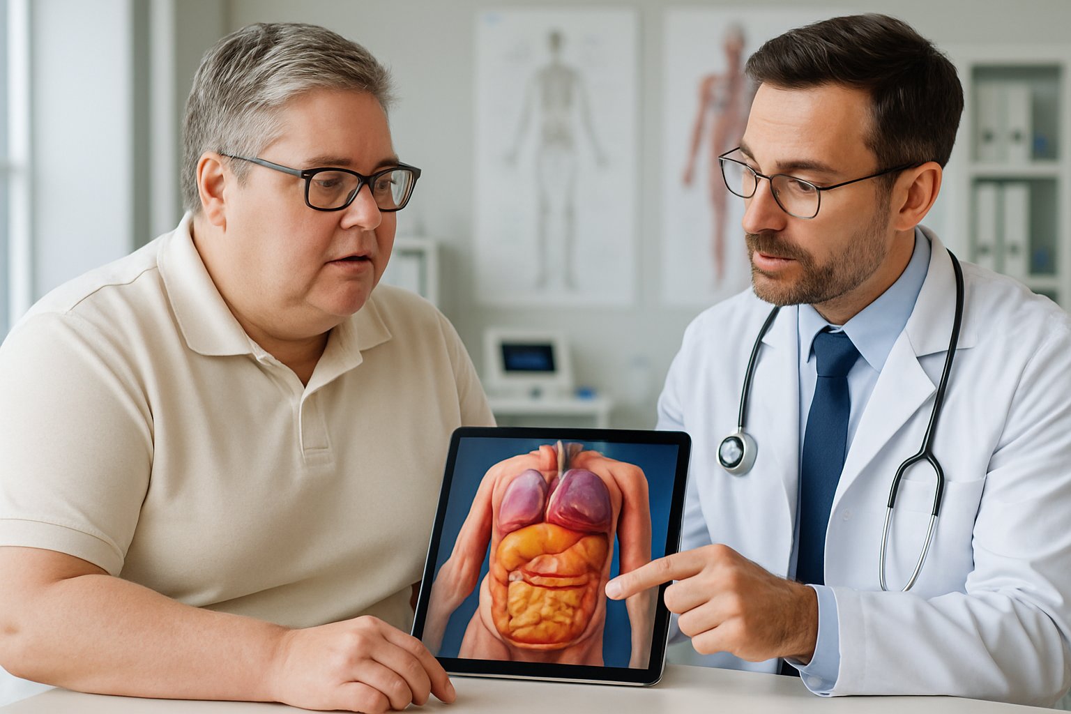 v2-12wyz6-apq14 - Preventive Medicine Daily A person consulting with a healthcare professional in a medical office, discussing health with a digital tablet showing an anatomical illustration of visceral fat and the heart.