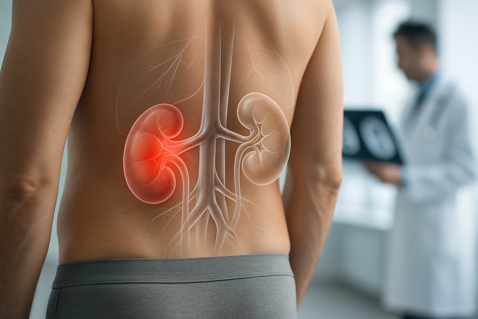 v2-12x57l-rqhcn - Preventive Medicine Daily Close-up of a human torso showing kidneys with one highlighted to indicate kidney problems, with a doctor examining scans in the background.