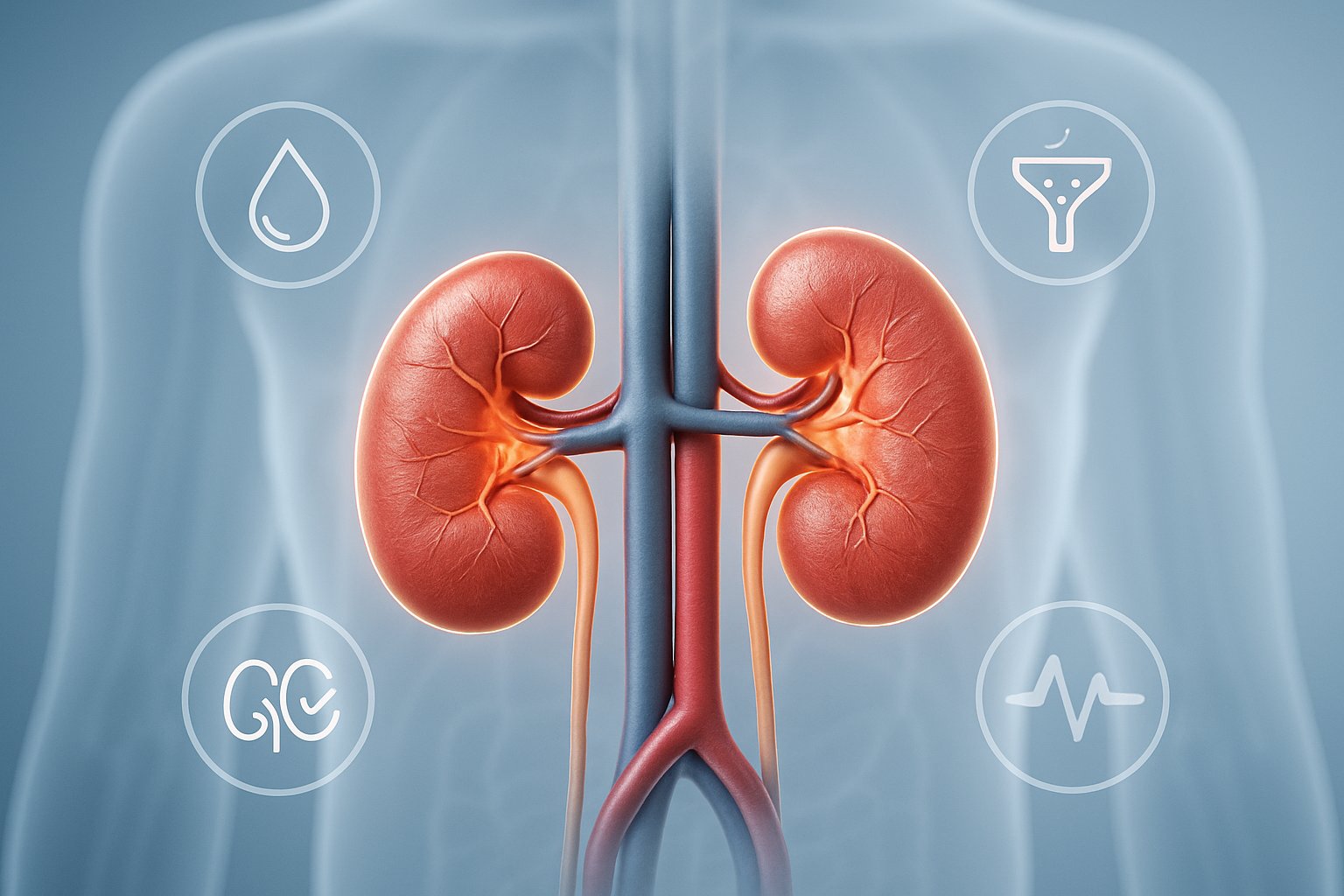 v2-12x58a-5ck4c - Preventive Medicine Daily A detailed 3D illustration of human kidneys connected to blood vessels within a faint outline of a torso, surrounded by medical icons representing kidney function.