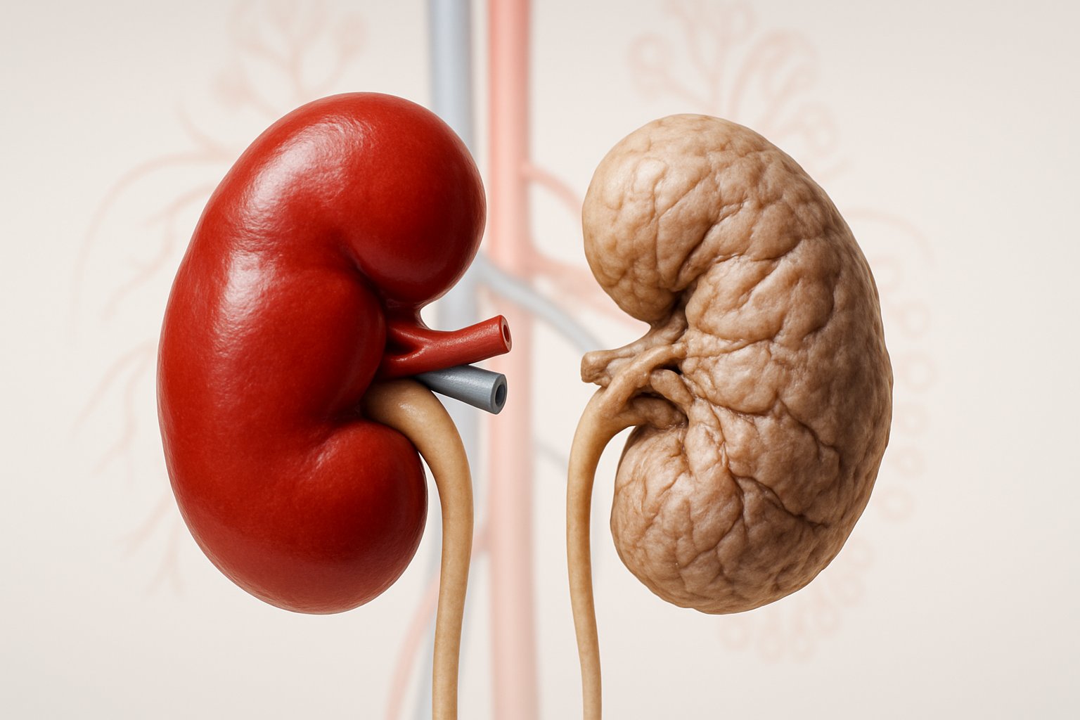 v2-12x592-tu0n2 - Preventive Medicine Daily Close-up image of two human kidneys, one healthy and one damaged, showing the difference between normal and failing kidneys.