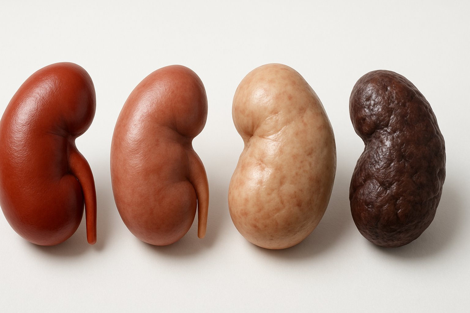 kidney failure - Preventive Medicine Daily A series of human kidneys arranged from healthy to severely damaged, showing changes in color, texture, and size to represent the progression of kidney disease.
