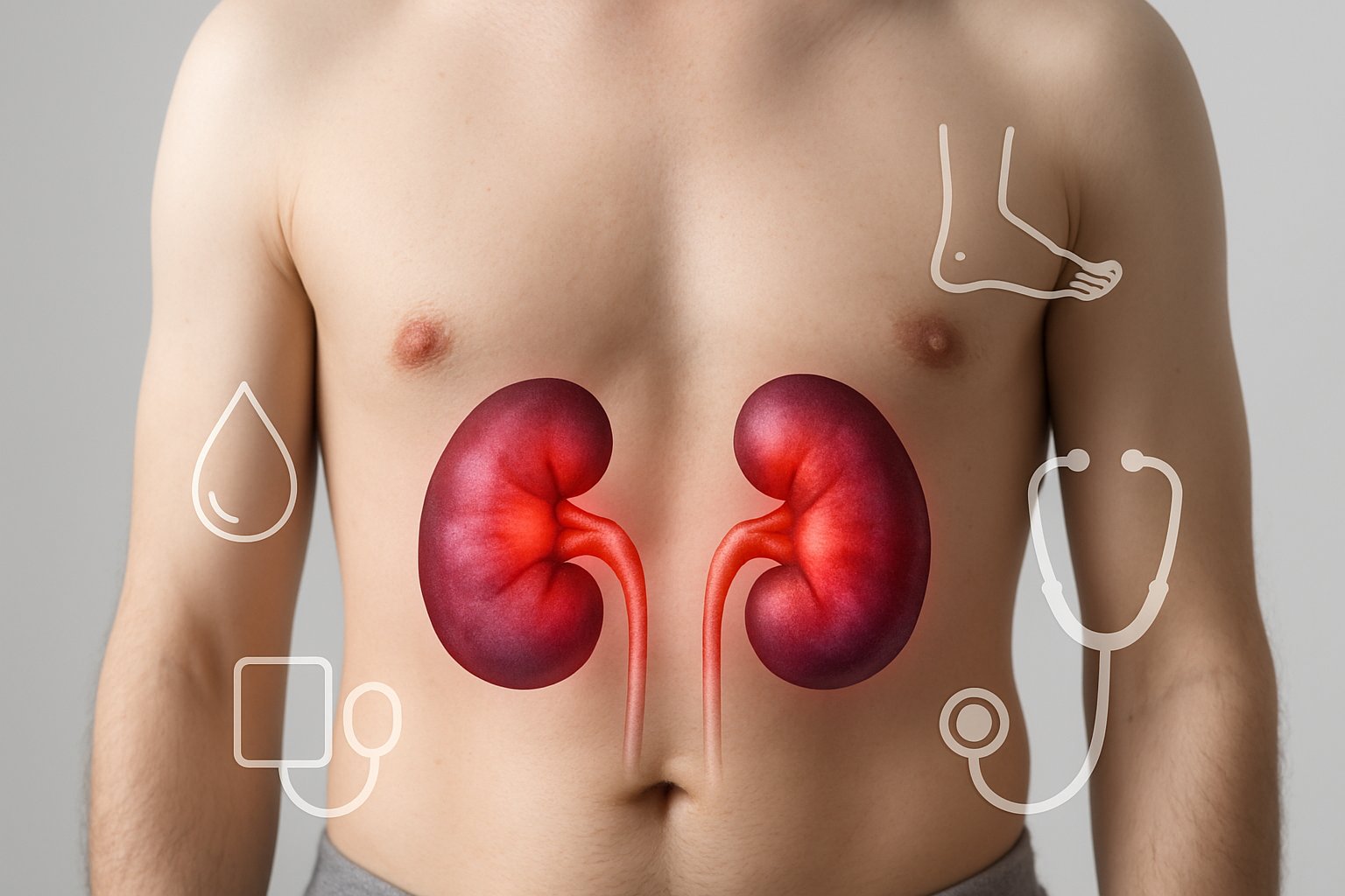 v2-12x5ap-2qhzb - Preventive Medicine Daily Close-up of a human torso with highlighted kidneys showing signs of distress, surrounded by medical icons representing symptoms of kidney failure.