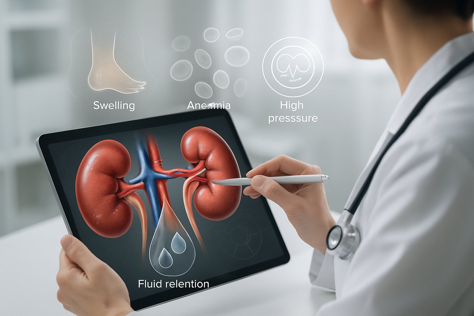 v2-12x5bk-3zoxe - Preventive Medicine Daily Healthcare professional examining 3D kidney models and related medical visuals in a clinical setting.