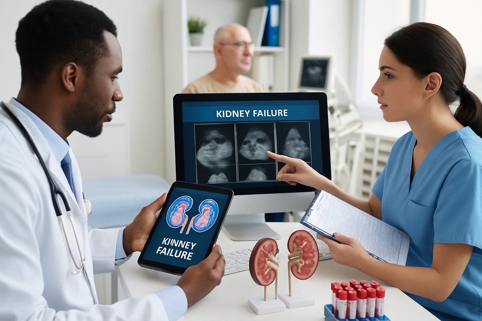 v2-12x5ce-tiidj - Preventive Medicine Daily Healthcare professionals reviewing kidney scans and medical charts while a patient undergoes a diagnostic test in a modern clinic.