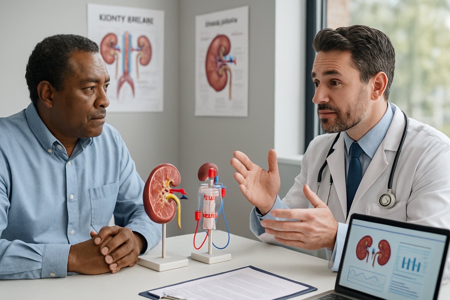v2-12x5e0-d236v - Preventive Medicine Daily A doctor and patient discussing kidney treatment options in a medical office with kidney models and charts on the desk.