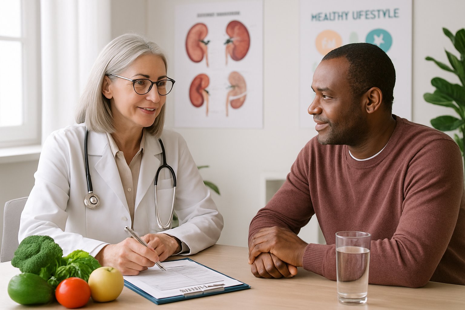 v2-12x5f3-coc9s - Preventive Medicine Daily A doctor consulting with a patient in a medical office with fresh fruits and vegetables on the desk and kidney health charts in the background.