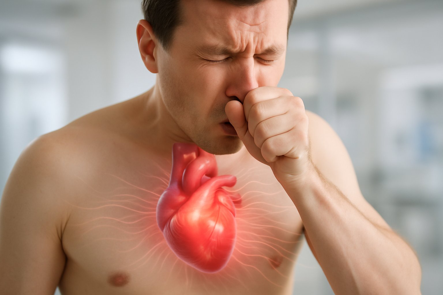 v2-12xeso-ojsdh - Preventive Medicine Daily Close-up of a human torso showing a semi-transparent view of the heart inside the chest with visual effects representing the impact of sneezing on the heart.