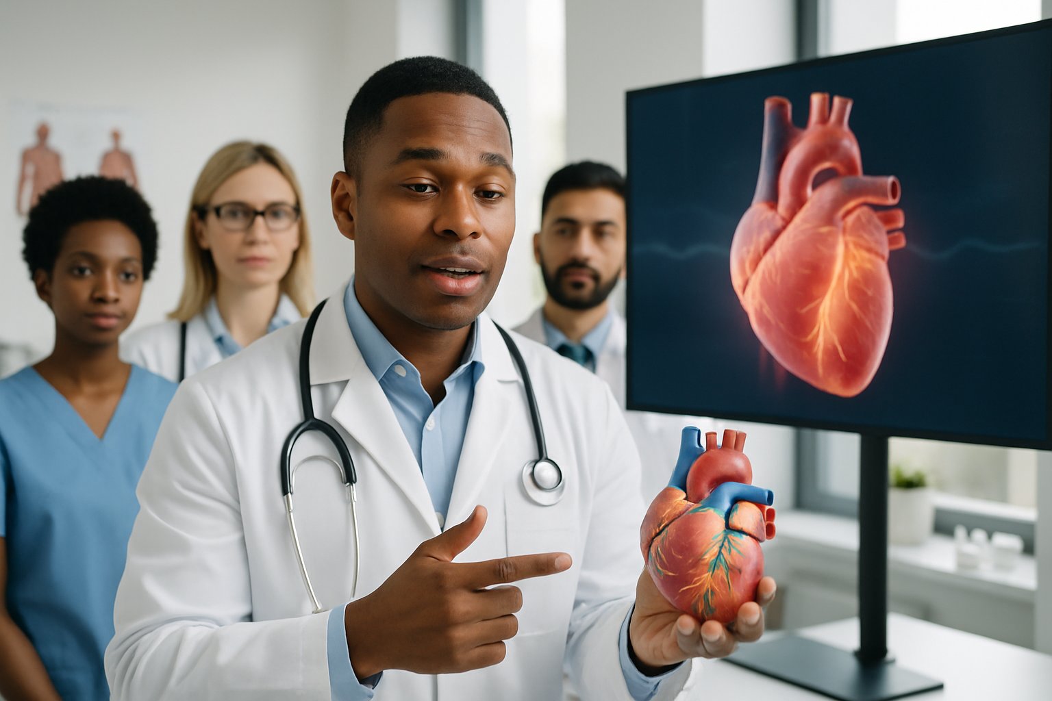 v2-12xeua-l25mj - Preventive Medicine Daily A doctor in a white coat explains heart function using a heart model and a digital display showing a beating heart in a medical office.