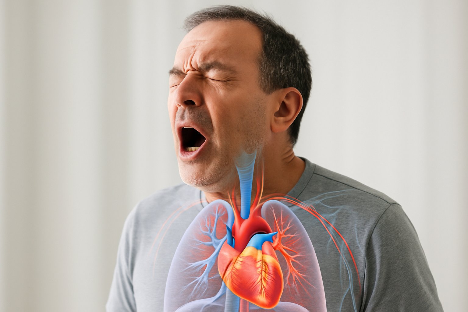 v2-12xev7-6p20r - Preventive Medicine Daily A middle-aged man sneezing with an anatomical overlay showing his heart and respiratory system.