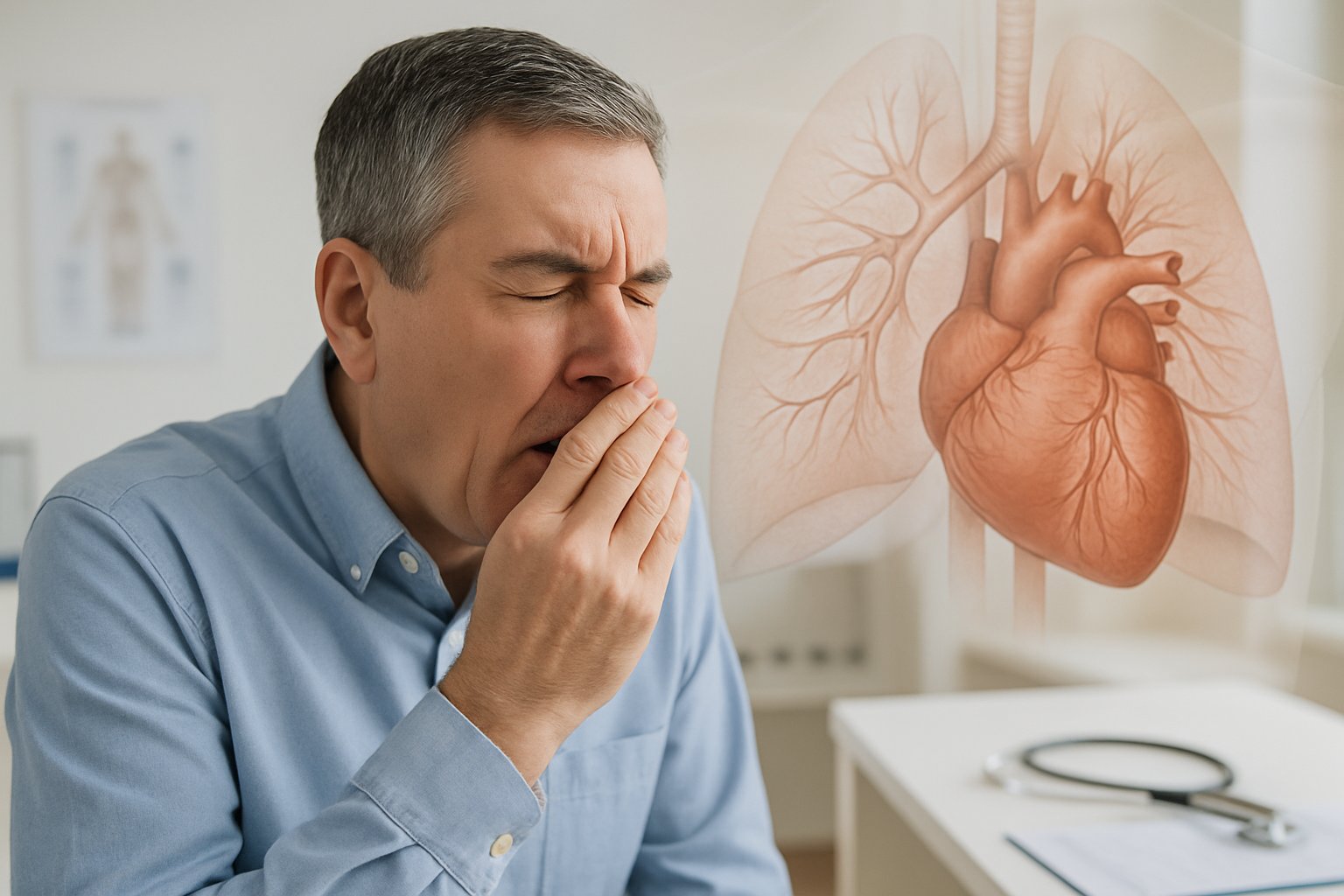 v2-12xevz-7gvqq - Preventive Medicine Daily A person sneezing in a medical office with a faint anatomical illustration of a heart and respiratory system in the background.